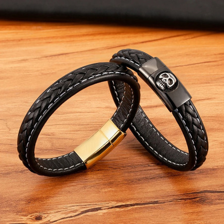 Bracelet Cuir Tête de Mort "Crâne Élégant sur Fermoir Prestige" -  3 couleurs au choix !