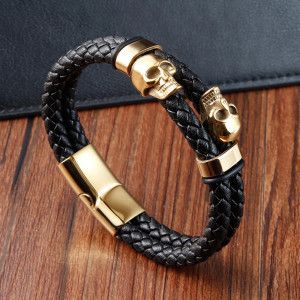 Bracelet Crânes Jumelés "Âmes Jumelles du Chaos" Couleur Or
