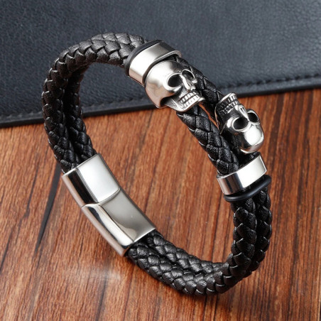 Bracelet Crânes Jumelés "Âmes Jumelles du Chaos" Couleur argent