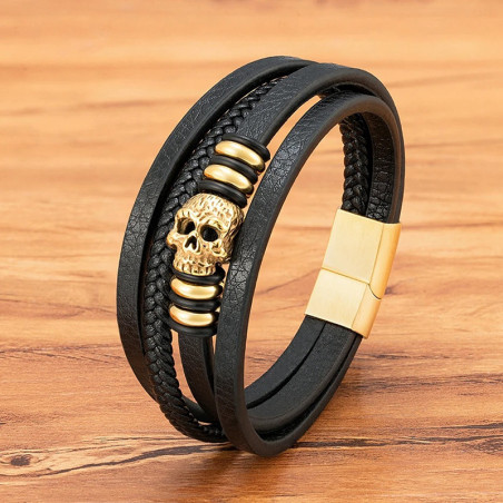 Bracelet Cuir Tête de Mort – "Triple Lame du Chaos" Couleur Or