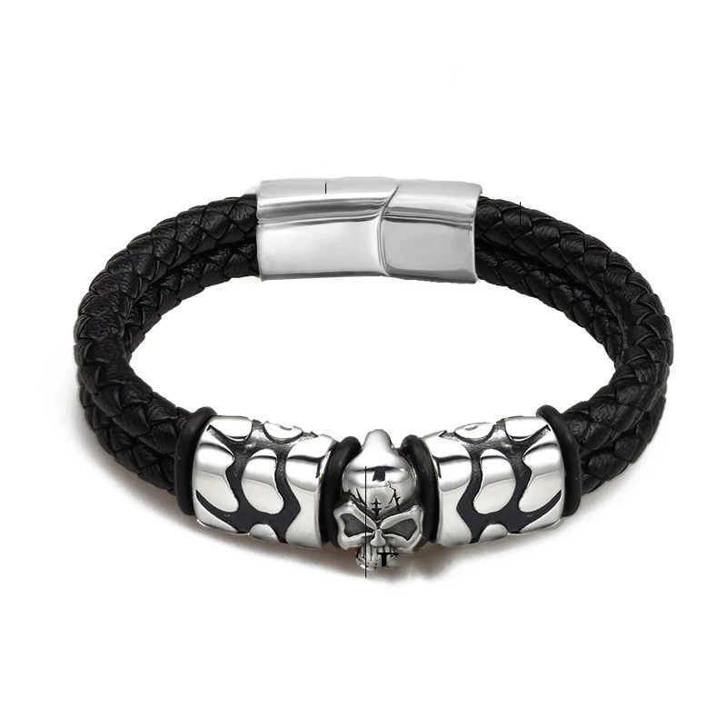 Bracelet Tête de Mort Acier & Cuir "Étreinte du Feu Forgé" Couleur noir