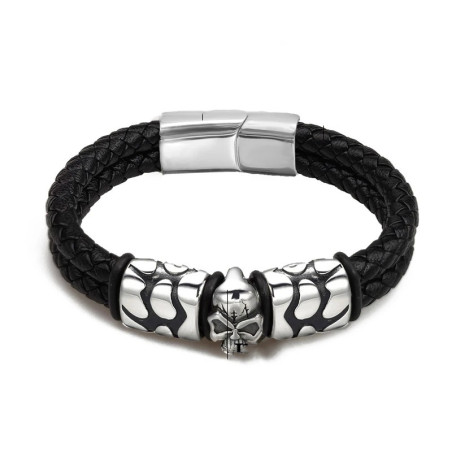 Bracelet Tête de Mort Acier & Cuir "Étreinte du Feu Forgé" Couleur noir