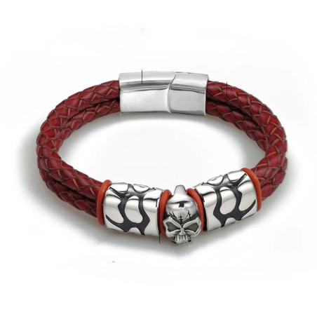 Bracelet Tête de Mort Acier & Cuir "Étreinte du Feu Forgé" Couleur Rouge