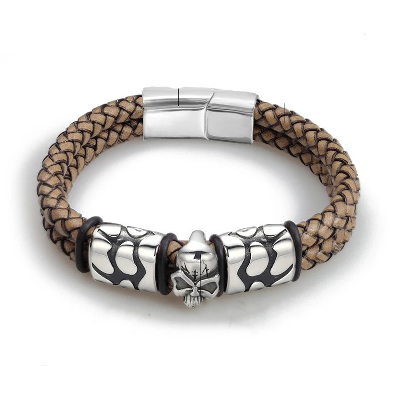 Bracelet Tête de Mort Acier & Cuir "Étreinte du Feu Forgé" Couleur marron