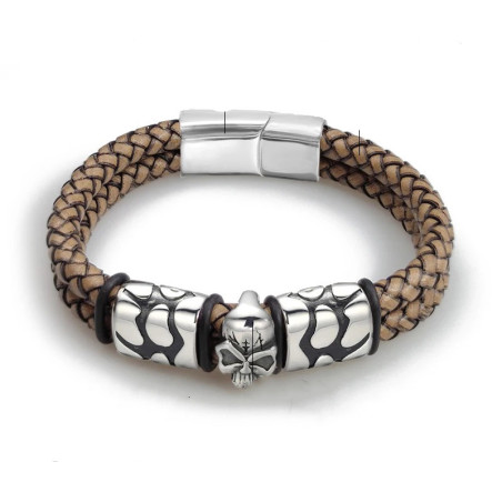 Bracelet Tête de Mort Acier & Cuir "Étreinte du Feu Forgé" Couleur marron