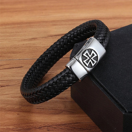 Bracelet Cuir Tressé "Croix de Fer du Clan Noir"