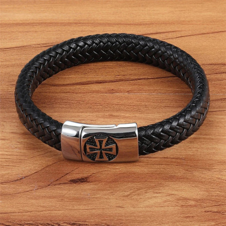 Avannt Bracelet Cuir Tressé "Croix de Fer du Clan Noir"