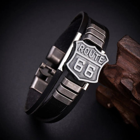 Bracelet Cuir Route 66 "Esprit Biker de l’Ouest" Couleur Noir