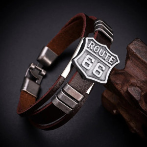 Bracelet Cuir Route 66 "Esprit Biker de l’Ouest" Couleur Marron