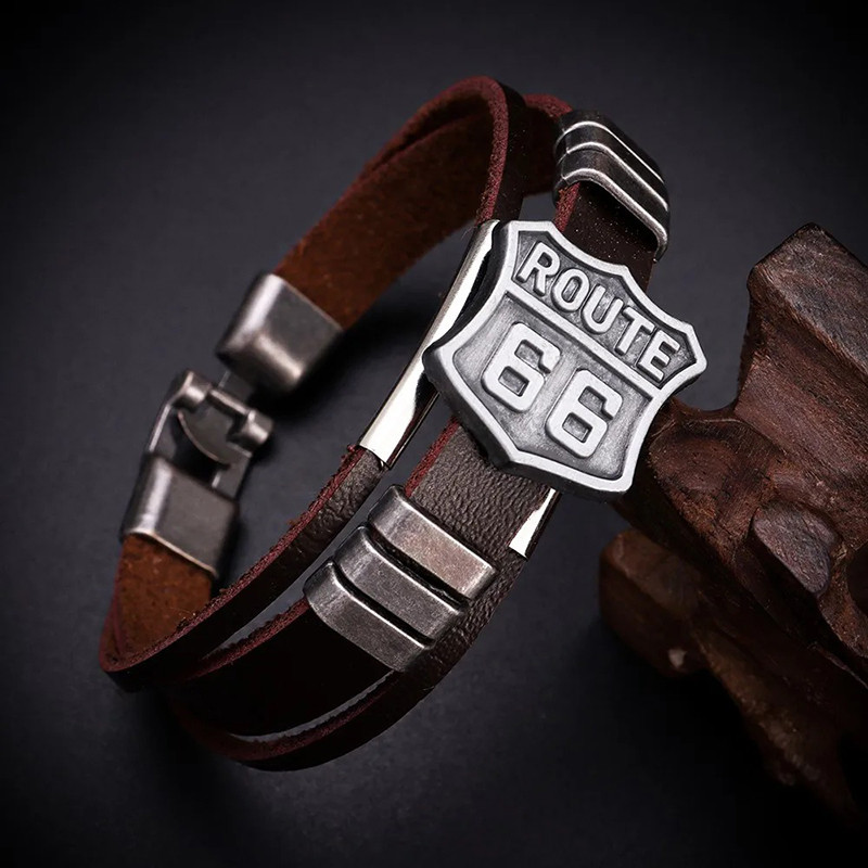 Bracelet Cuir Route 66 "Esprit Biker de l’Ouest" Couleur Marron