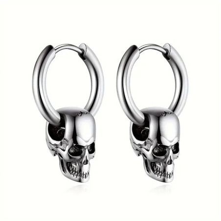 Boucles d’Oreilles Tête de Mort "Démon d’Acier" Couleur Argent