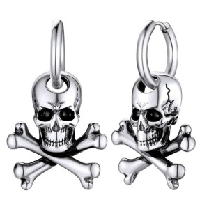 Boucles d'Oreilles Tête de Mort "Crâne Pirate X-Bones" Couleur Argent
