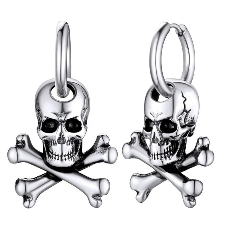 Boucles d'Oreilles Tête de Mort "Crâne Pirate X-Bones" Couleur Argent