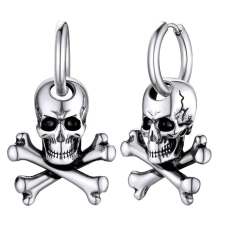 Boucles d'Oreilles Tête de Mort "Crâne Pirate X-Bones" Couleur Argent