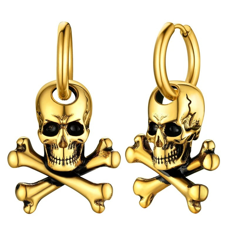 Boucles d'Oreilles Tête de Mort "Crâne Pirate X-Bones" Couleur or