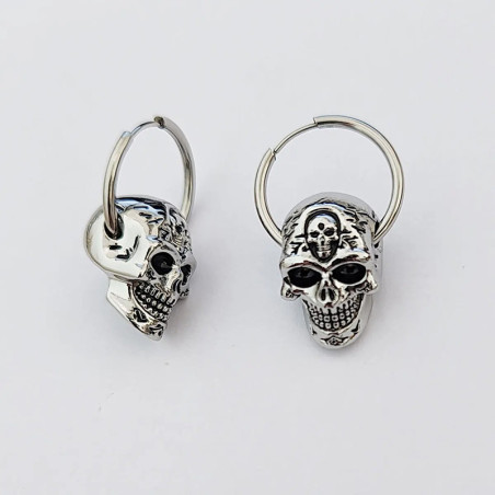 Details Boucles d’Oreilles Tête de Mort " "Sceau du Repos Éternel" Couleur Argent