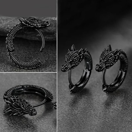 Détaiils des Boucles d’Oreilles Dragon Ouroboros Brutal Couleur Noir