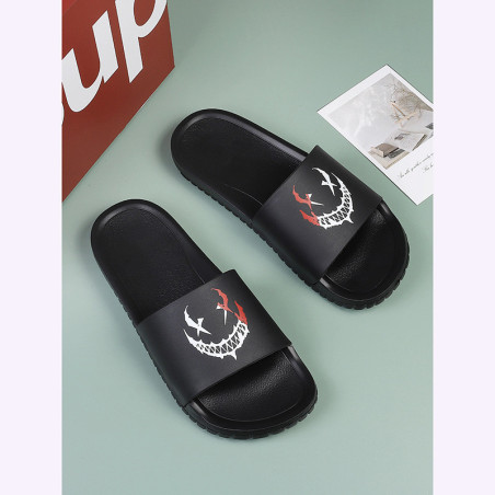 Claquettes Tête de Mort Noires – "Sourire Démoniaque" Design Street Couleur Rouge