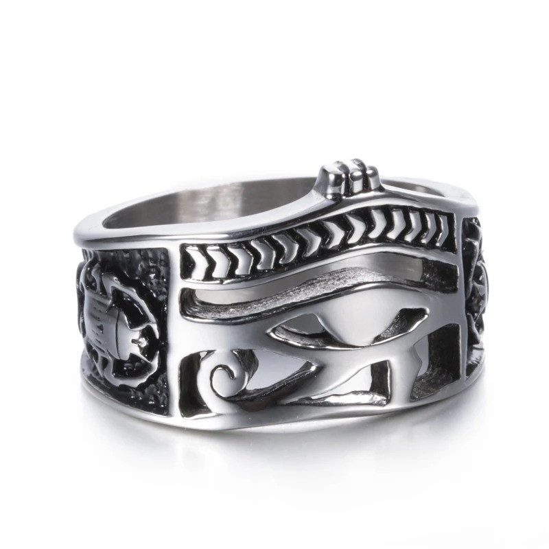 Bague en acier inoxydable hommes œil égyptien d'horus, couronne, croix de vie et symbole scarabée