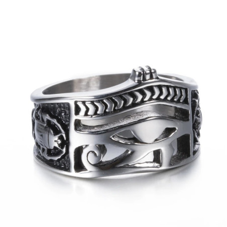 Bague en acier inoxydable hommes œil égyptien d'horus, couronne, croix de vie et symbole scarabée