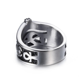 Vue arrière Bague en acier inoxydable hommes œil égyptien d'horus, couronne, croix de vie et symbole scarabée