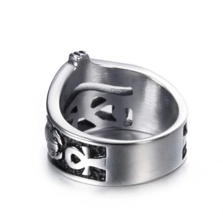Vue arrière Bague en acier inoxydable hommes œil égyptien d'horus, couronne, croix de vie et symbole scarabée