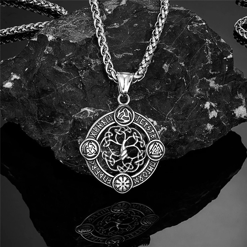 Collier Viking – Arbre de Vie Runique – "Yggdrasil des Quatre Sceaux" Couleur Argent