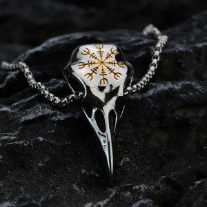 Collier Viking – Crâne de Corbeau Vegvisir – "Esprit du Voyageur Sombre" Couleur Or