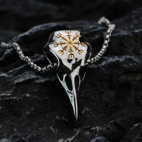 Collier Viking – Crâne de Corbeau Vegvisir – "Esprit du Voyageur Sombre" Couleur Or