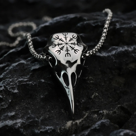 Collier Viking – Crâne de Corbeau Vegvisir – "Esprit du Voyageur Sombre" Couleur Argent