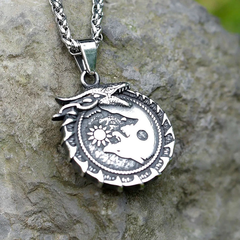 Collier Viking – Loup et Dragon Cosmiques – "Équilibre des Forces Primordiales"