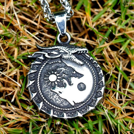 Avant Collier Viking – Loup et Dragon Cosmiques – "Équilibre des Forces Primordiales"