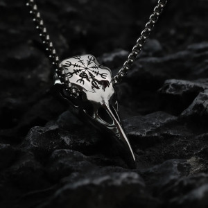 Magnififque Collier Viking Crâne de Corbeau Vegvisir Esprit du Voyageur Sombre Couleur Argent