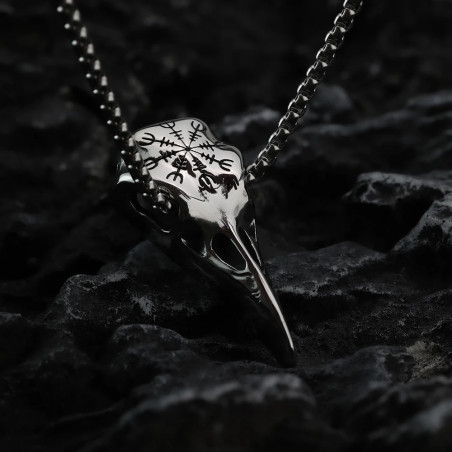 Magnififque Collier Viking Crâne de Corbeau Vegvisir Esprit du Voyageur Sombre Couleur Argent