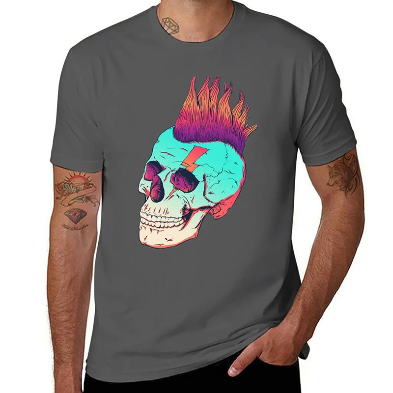 T-shirt Tête de Mort Crâne Punk à Mohawk Coloré Couleur Gris