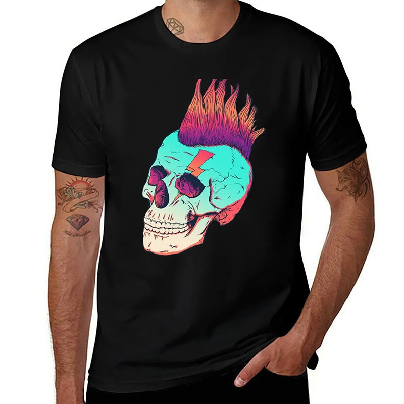 T-shirt Tête de Mort Crâne Punk à Mohawk Coloré Couleur Noir