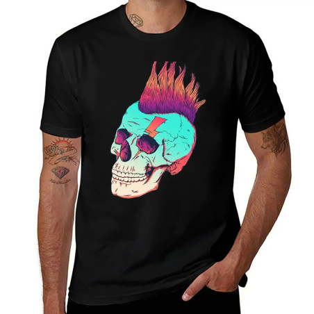 T-shirt Tête de Mort Crâne Punk à Mohawk Coloré Couleur Noir