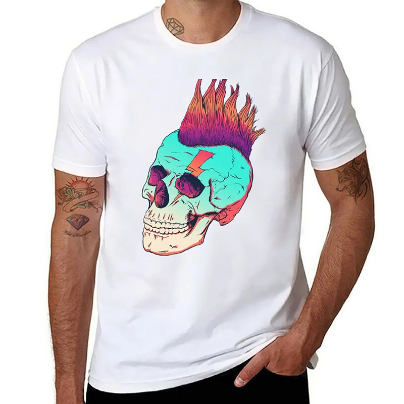 T-shirt Tête de Mort Crâne Punk à Mohawk Coloré Couleur Blanc