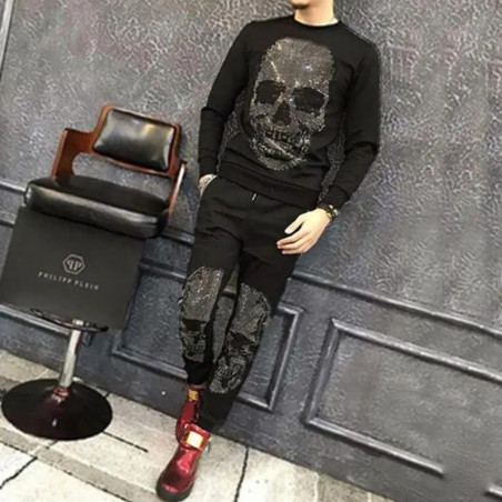 Ensemble Survêtement Tête de Mort "Crânes Scintillants de Minuit" - Sweat & Pantalon Strass Noir