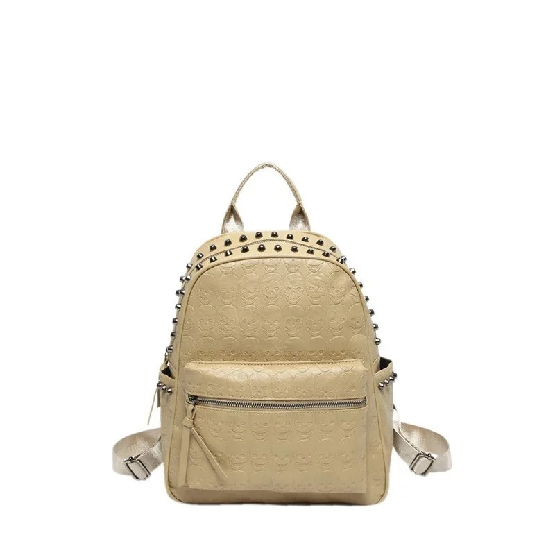 Sac à Dos Tête de Mort Punk en Cuir Couleur Beige