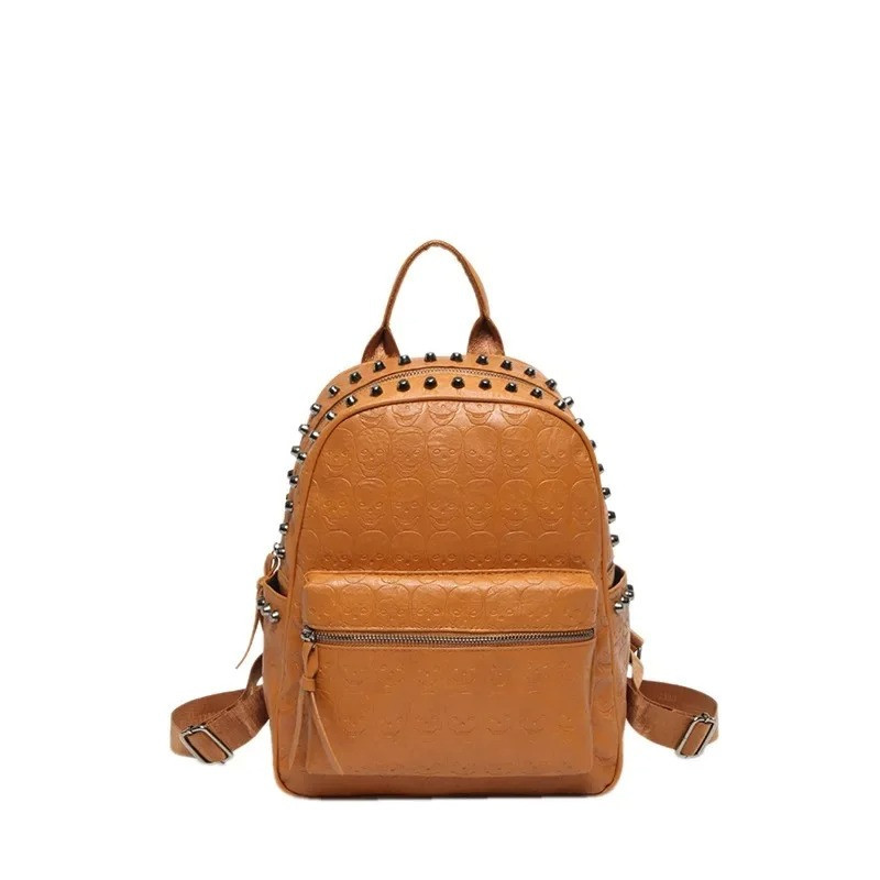 Sac à Dos Tête de Mort Punk en Cuir Couleur Marron