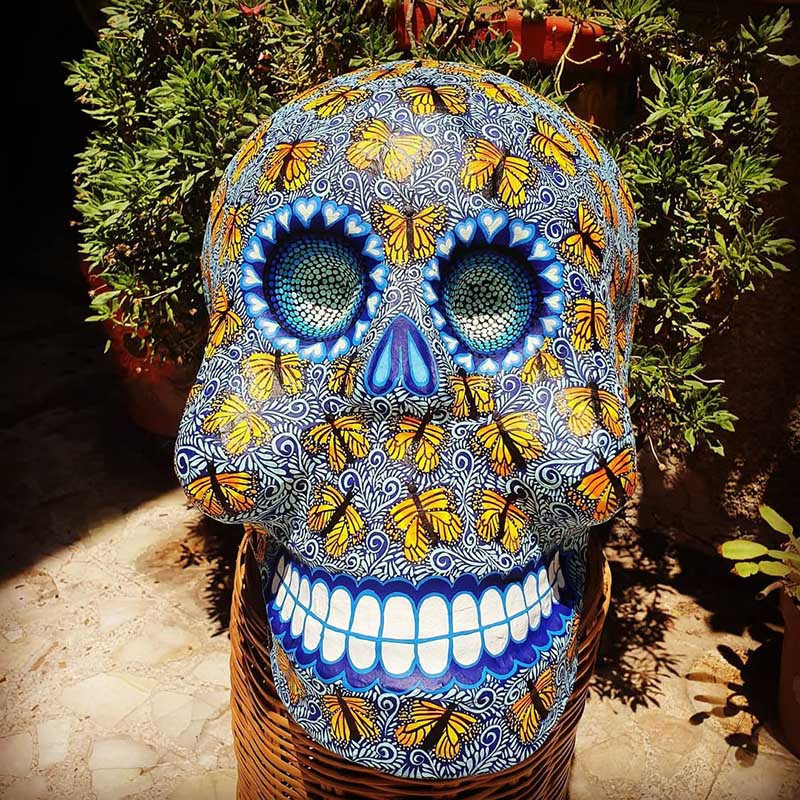 Crâne Décoratif Mexicain - Danse des Monarques Bleus