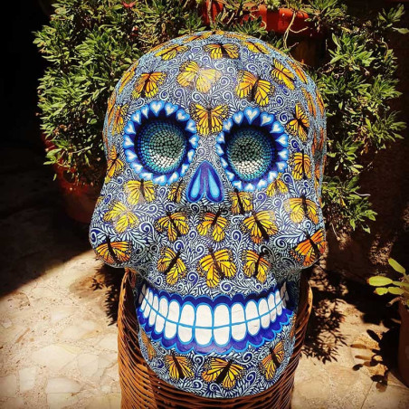 Crâne Décoratif Mexicain - Danse des Monarques Bleus