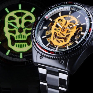 Détaiils de la Montre Homme Tête de Mort horloge mécanique crâne squelette - couleur or