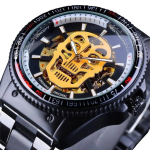 Montre Homme Tête de Mort horloge mécanique crâne squelette - couleur or