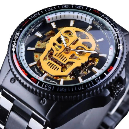 Montre Homme Tête de Mort horloge mécanique crâne squelette - couleur or