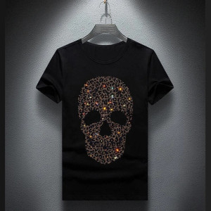 T-shirt Tête de mort à strass pour hommes Couleur Noir