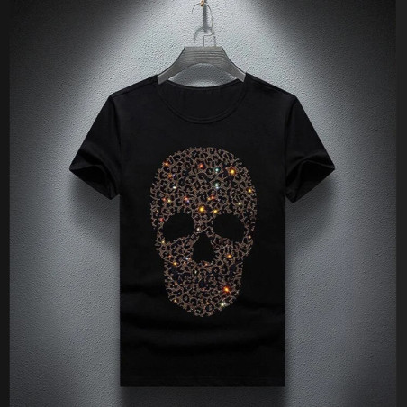 T-shirt Tête de mort à strass pour hommes Couleur Noir