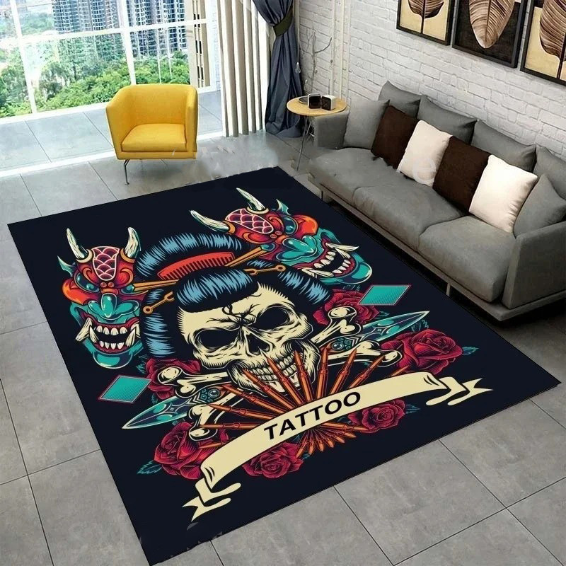 Tapis Tête de Mort Tattoo - Crâne Geisha & Masques Oni Japonais