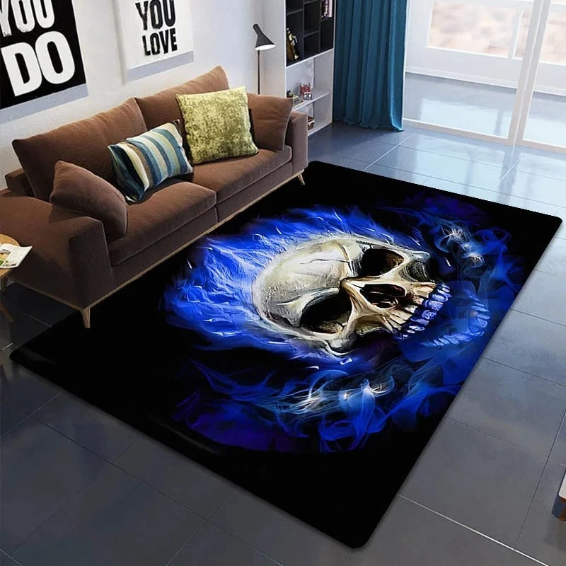 Tapis Tête de Mort - Crâne Surnaturel aux Flammes Bleues